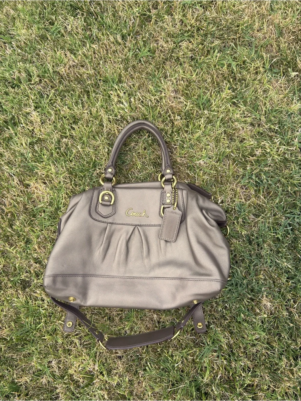 Coach Metallic Taupe Pebble Leather Satchel with Gold Hardware